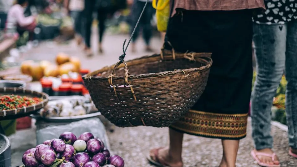 Cliente com cesto entre bancas de legumes numa feira